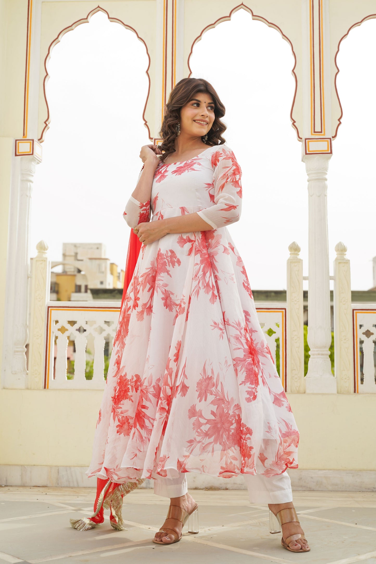 White Kesari Floral Anarkali