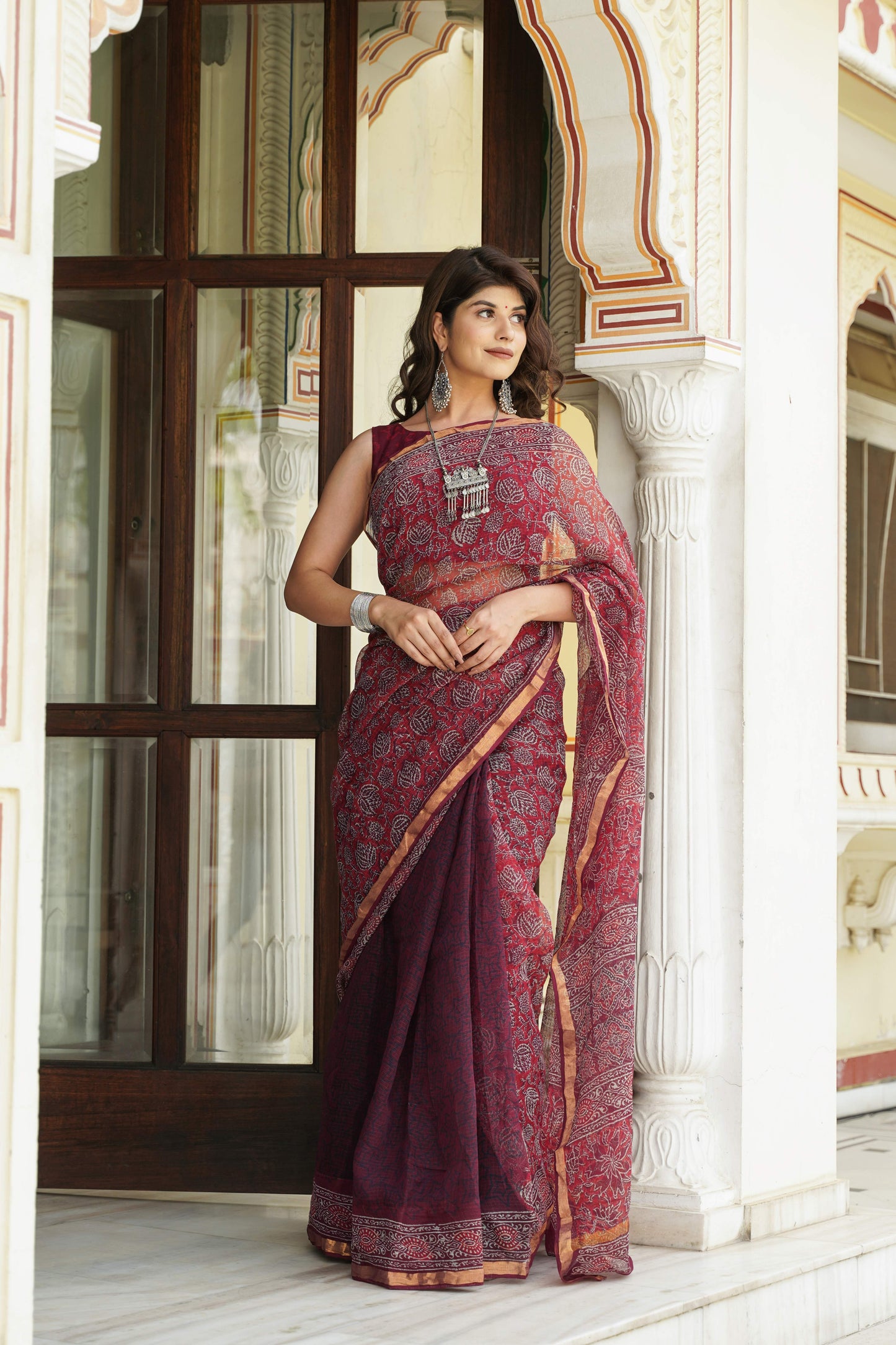 Maroon Handblock Kota Doriya Saree