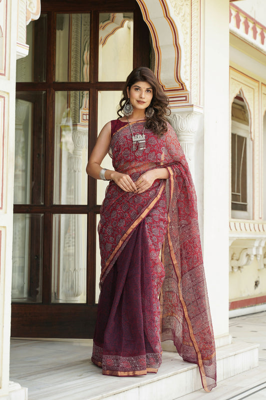 Maroon Handblock Kota Doriya Saree