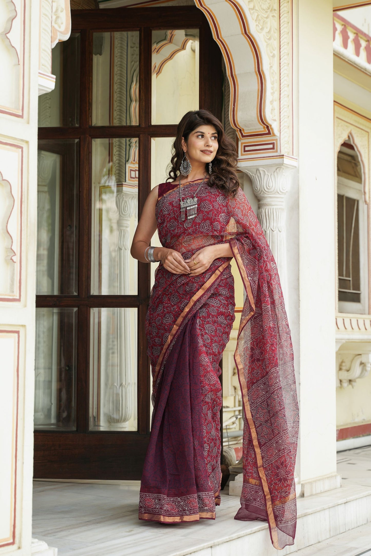 Maroon Handblock Kota Doriya Saree