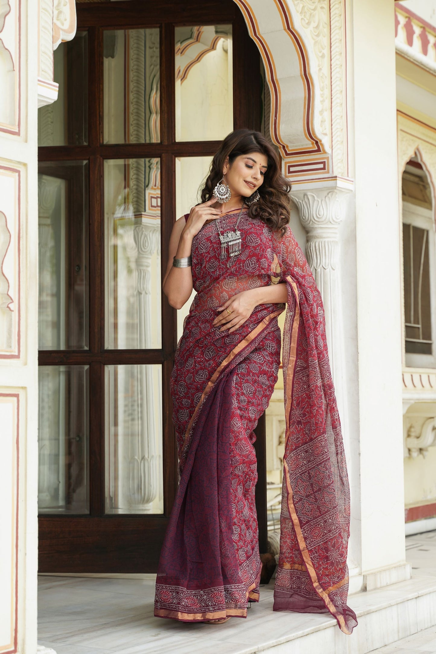 Maroon Handblock Kota Doriya Saree