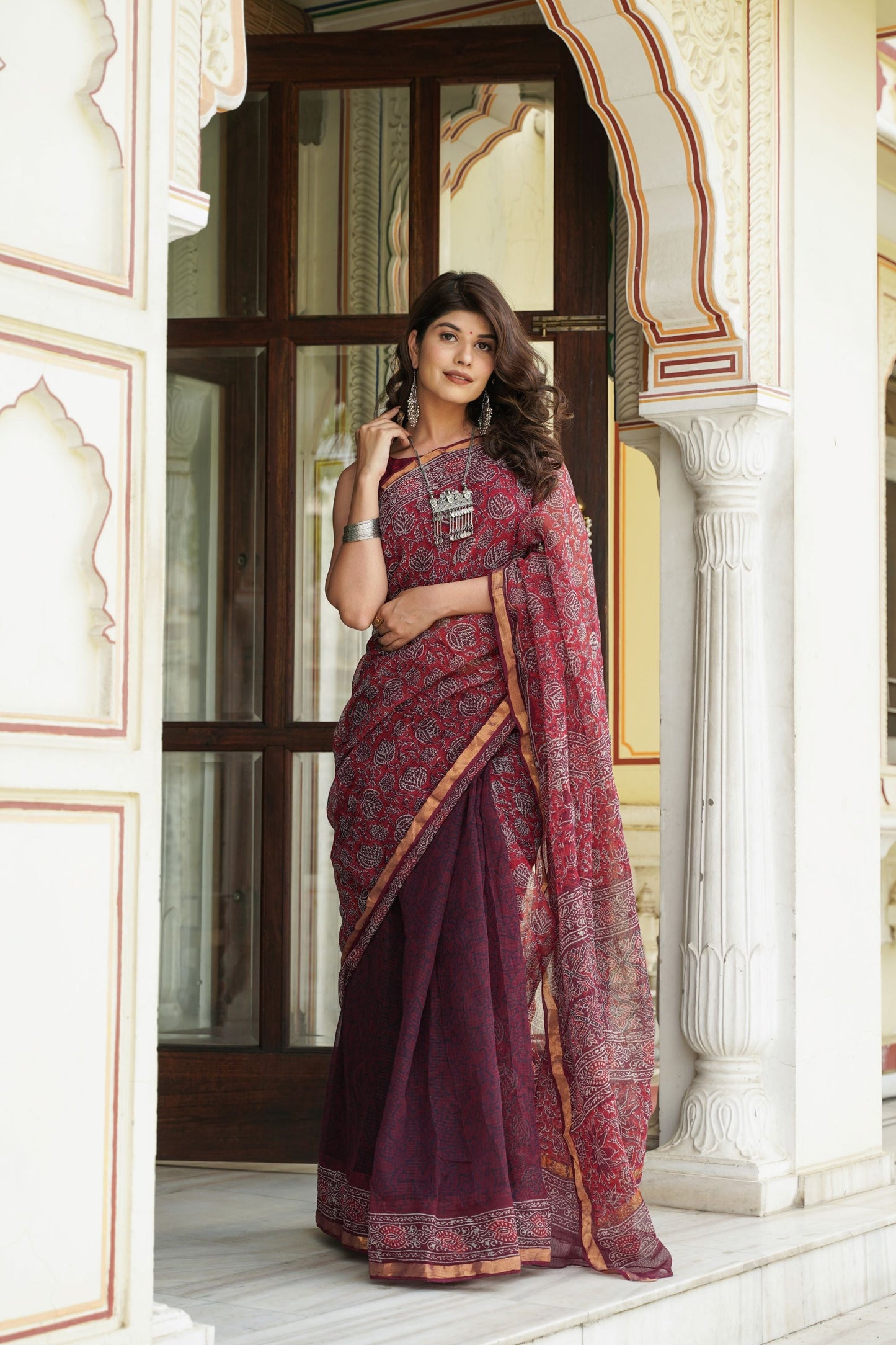 Maroon Handblock Kota Doriya Saree