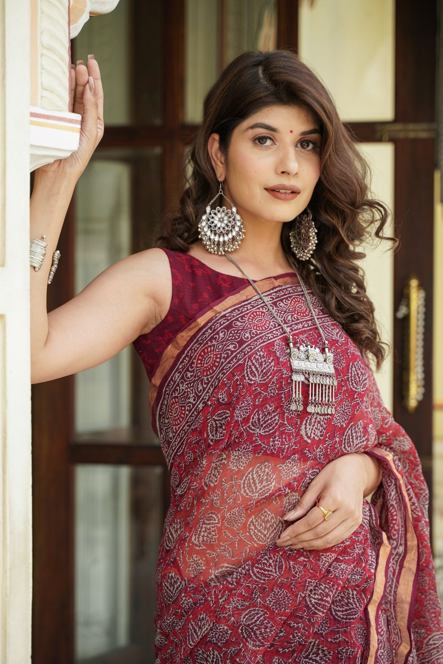 Maroon Handblock Kota Doriya Saree