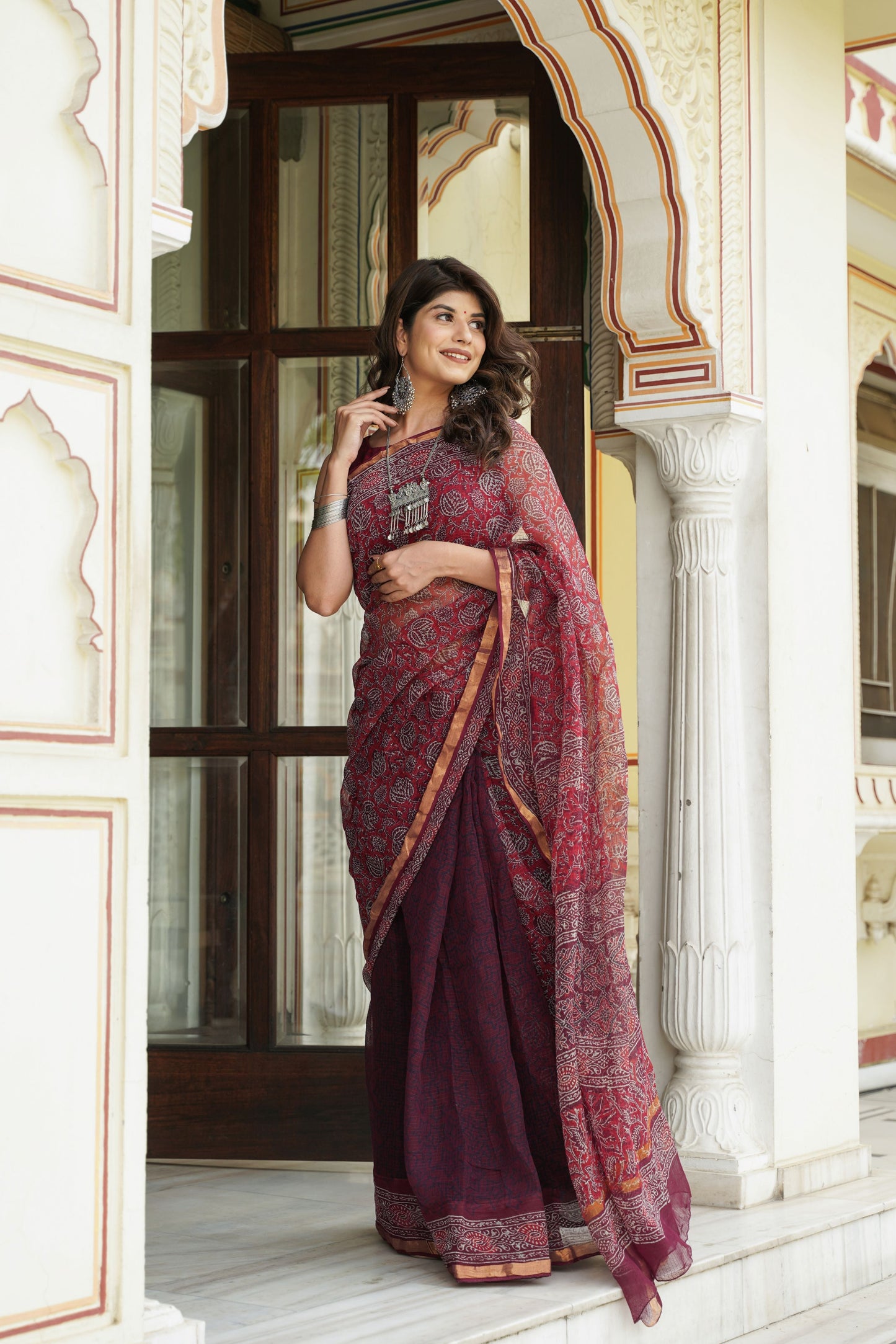 Maroon Handblock Kota Doriya Saree