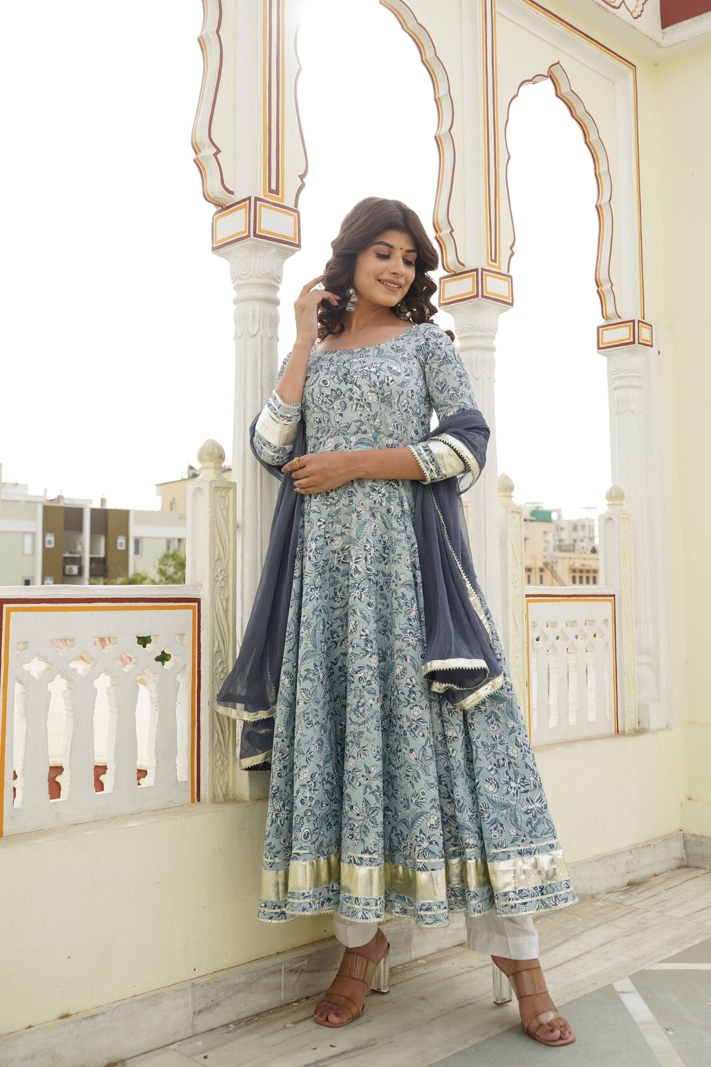 Gray Handblock Anarkali