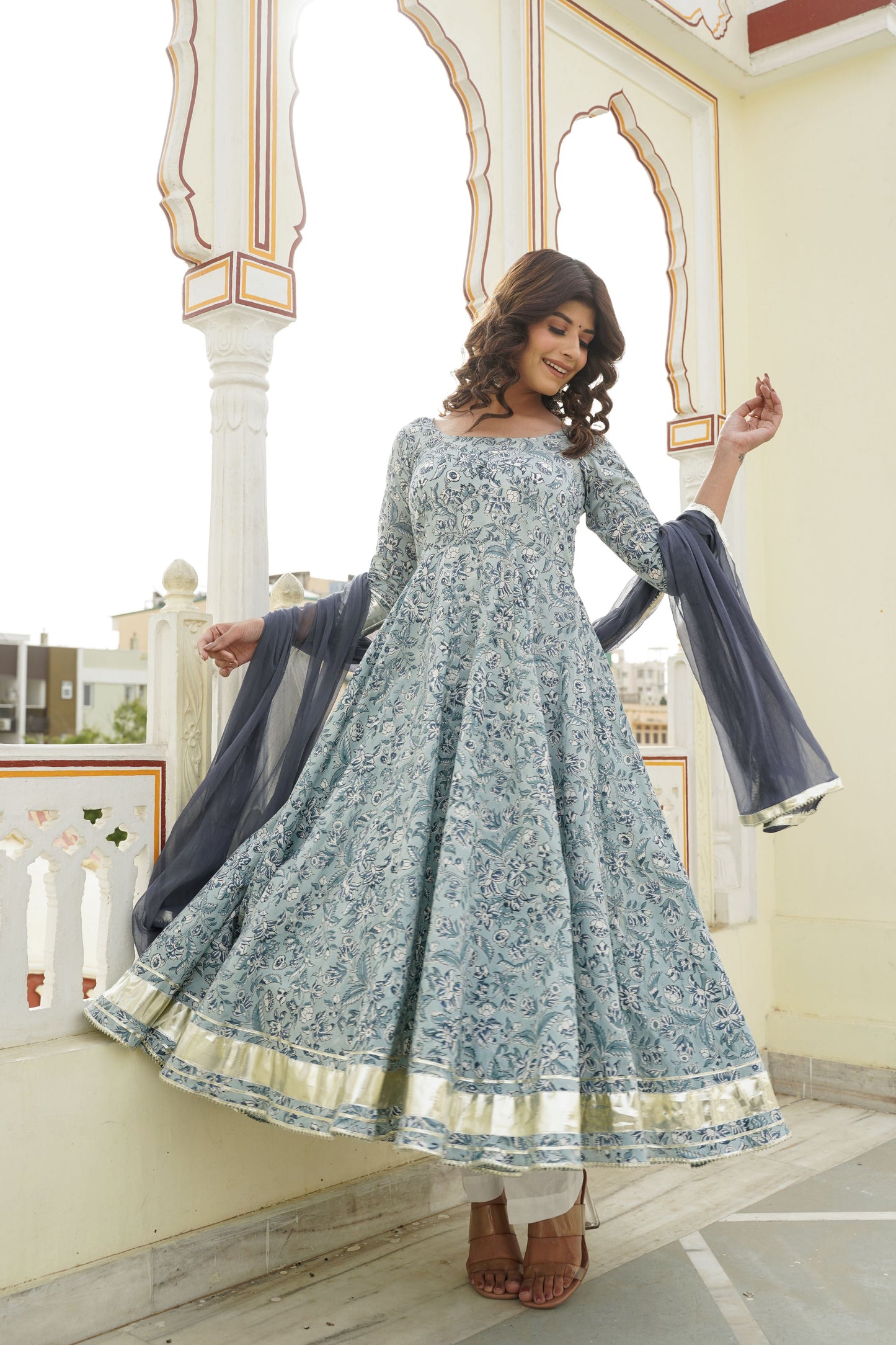 Gray Handblock Anarkali