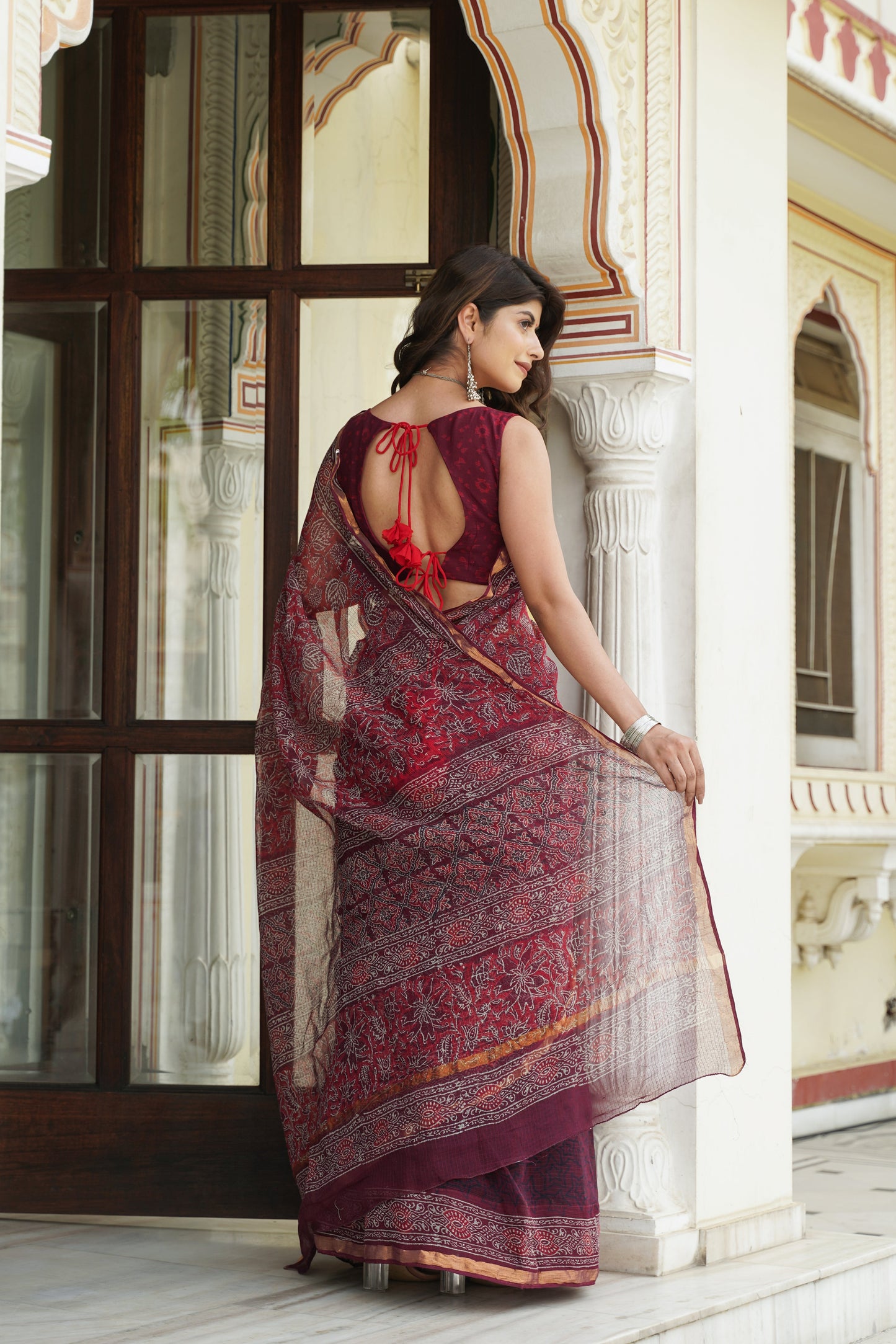 Maroon Handblock Kota Doriya Saree